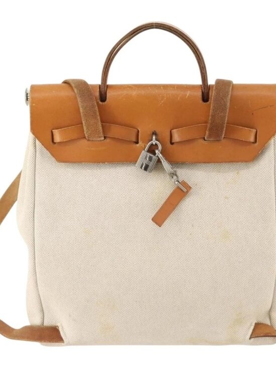 HERMES Herbag Ad PM Backpack Canvas Leather 2way Beige Silver Auth 172481 main image 13